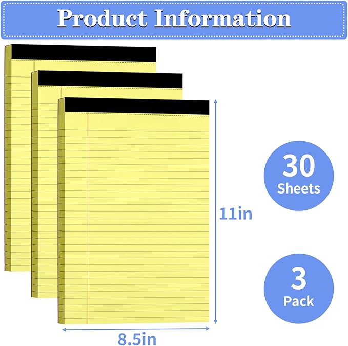 WINKIO Yellow Legal Pads, 3 Pack Writing Pads 8.5 x 11 inch, Micro Perforated Notebooks with Sturdy Back, Wide Ruled, 30 Sheets Per Writing Pad for School, College, Office, Professional