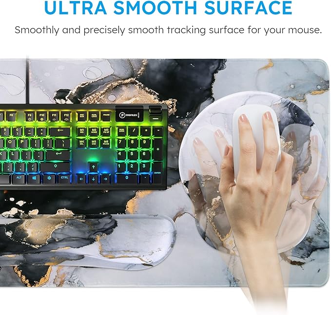iCasso Desk Mat, Gaming Mouse Pad Wrist Support Set,4in1 XXL Large Mousepad + Keyboard Wrist Rest+Mouse Wrist Rest+Coaster Set with Ergonomic Design for Home Office Table Computer-Grey Ink Marble