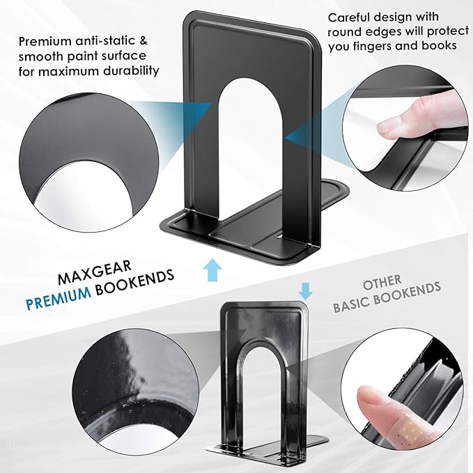 MaxGear Book Ends Universal Premium Bookends for Shelves, Non-Skid Bookend, Heavy Duty Metal Book Stopper for Books/Movies/CDs/Video Games, 6 x 4.6 x 6 in, Black, 3 Pairs/6 Pieces, Large