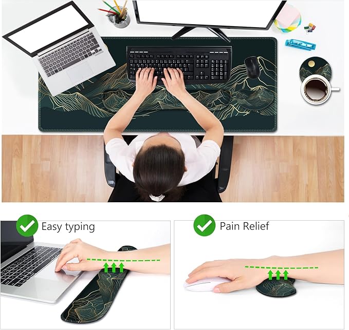 AIMSA Keyboard & Mouse Pad Set, Extended Desk Mat + Ergonomic Mouse & Keyboard Wrist Rest Support, 35x15.7in Abstract Gold Sun Mountain