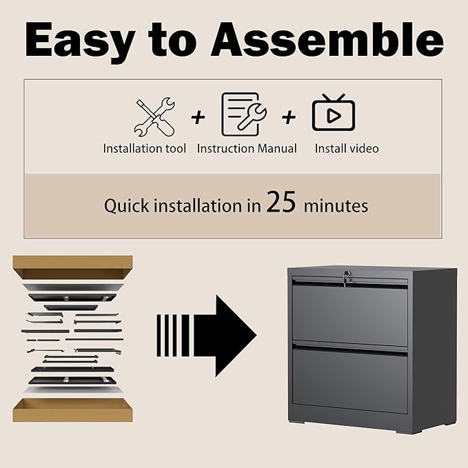 Lateral File Cabinet with Lock, 2 Drawer Filing Cabinet, Metal File Cabinets for Home Office, Steel Heavy-Duty Filing Storage Cabinet for Letters/Legal/A4 (Require Assembly, Black)
