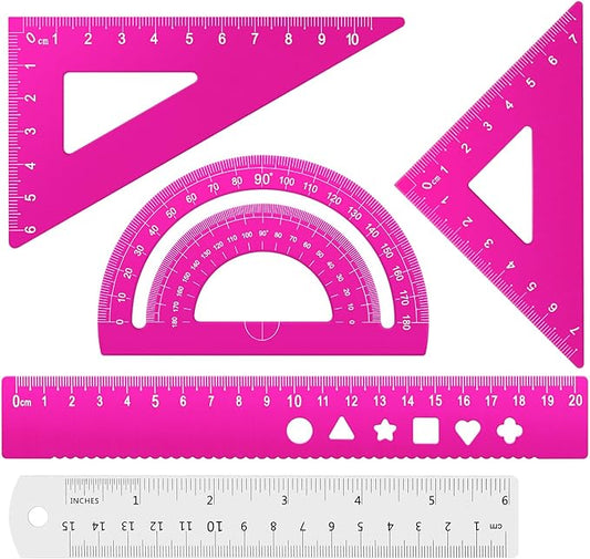 Honagu Triangular Ruler Set, 4+1Pieces Aluminum Alloy Ruler, Metal Drafting Ruler, Geometric Protractor for Students, School Office Supplies (Pink, 20cm)