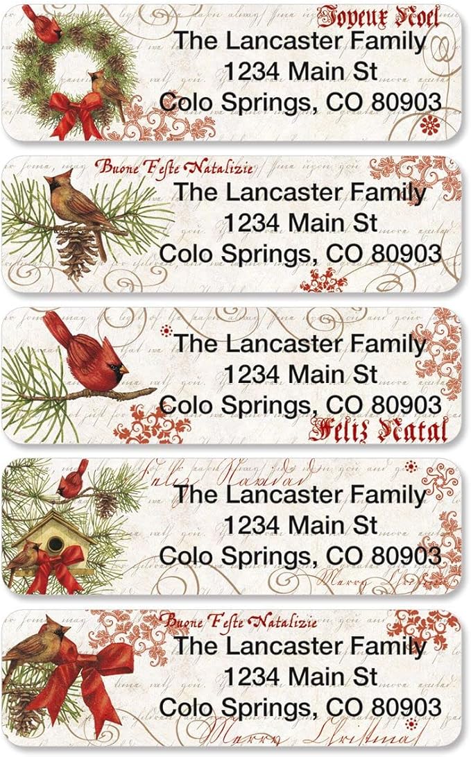 Joyelle Christmas Rolled Personalized Return Address Mailing Labels with Dispenser, Set of 500, 5 Designs, Small ¾ x 2½ Inch Size, Custom Self-Adhesive Sticker Roll, by Colorful Images