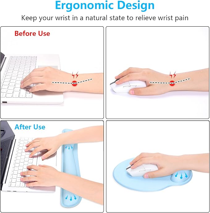 Dapesuom Keyboard Wrist Rest and Mouse Pad with Wrist Support, Memory Foam Cushion for Keyboard and Mouse Set, Ergonomic Desktop Pad Rests with Non Slip Base for Easy Typing & Pain Relief, Sky Blue