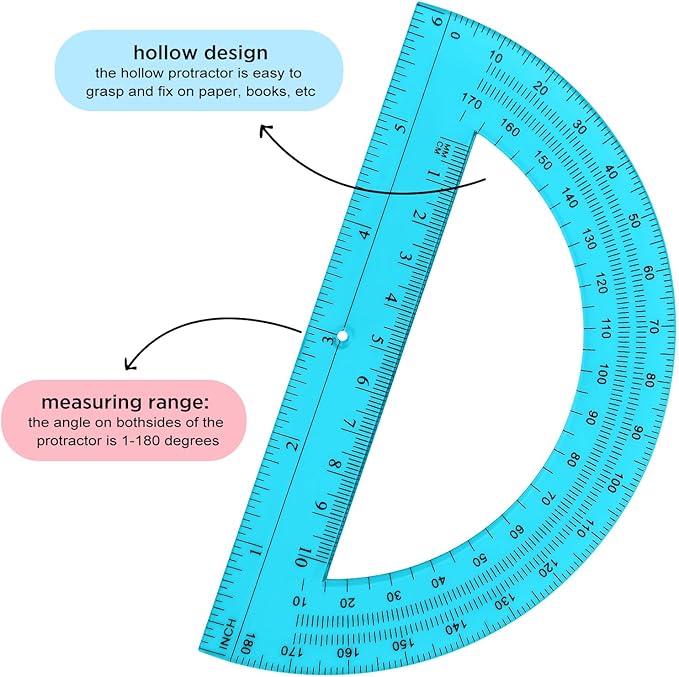 Zonon 3 Pack 6 Inch Plastic Protractor Back to School Protractors 180 Degrees Pink Blue Clear Protractors for Classroom Math Teacher Student Office Supplies
