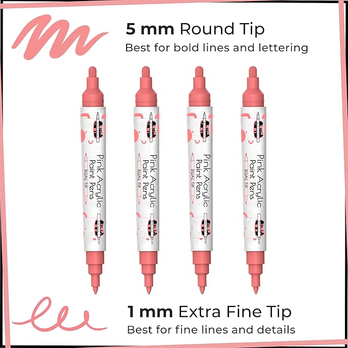 4 Dual Tip Pink Paint Pen Metallic - Fine Tip & Medium Acrylic Paint Markers - Pink Marker for Metal, Wood, Rock Painting, Canvas, Ceramic, Glass, Fabric, Leaf and Plastic - Water-based Ink