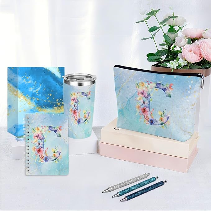 Personalized Gifts Monogrammed Birthday Gifts for Women, Cowerker Wife Sister Wedding Christmas Initial 20 oz Tumbler, Makeup Bag Cup Ballpoint Pens Journal Notebook 6 Set, (Aesthetic Blue Flower C)