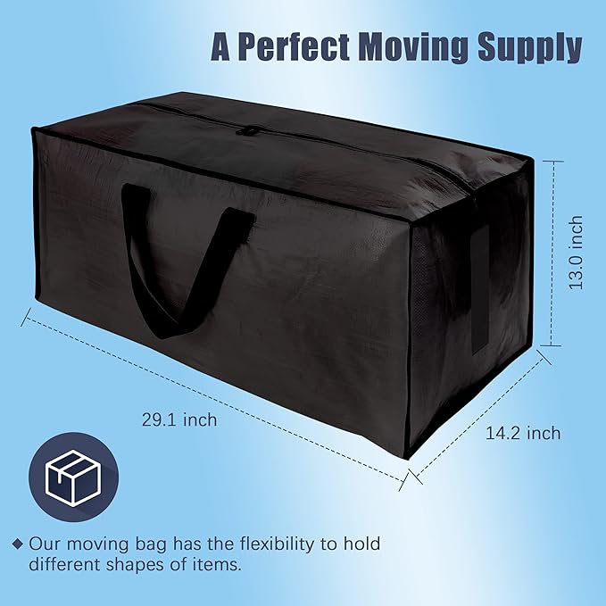 12 Pack Large Strong Moving Bags with Zippers & Carrying Handles - Water-Resistant - Heavy Duty Storage Tote for Space Saving Moving Storage, Fold Flat, Alternative to Moving Box (Black)