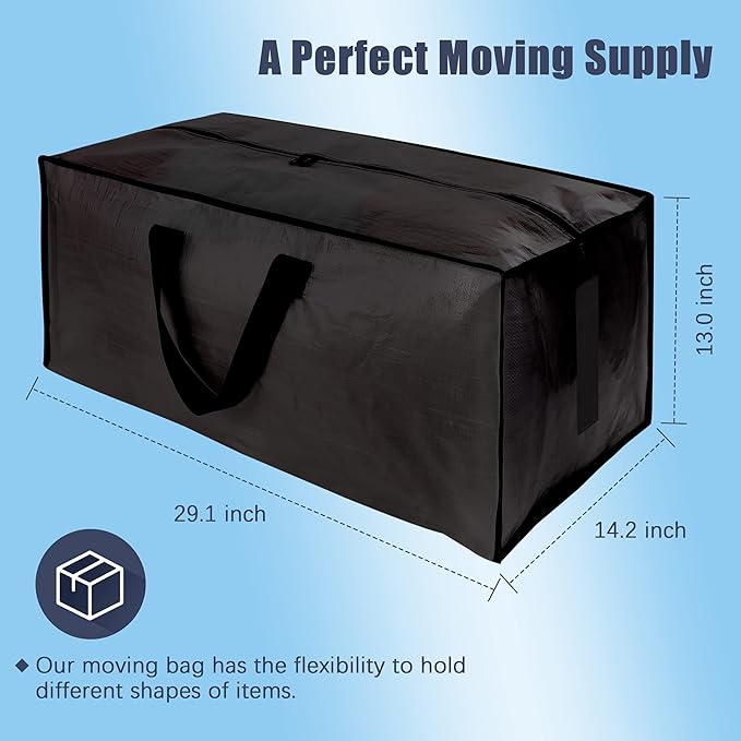 8 Pack Large Strong Bags with Zippers & Carrying Handles - Water-Resistant - Heavy Duty Storage Tote for Space Saving, Fold Flat, Alternative to Moving Box (Black)
