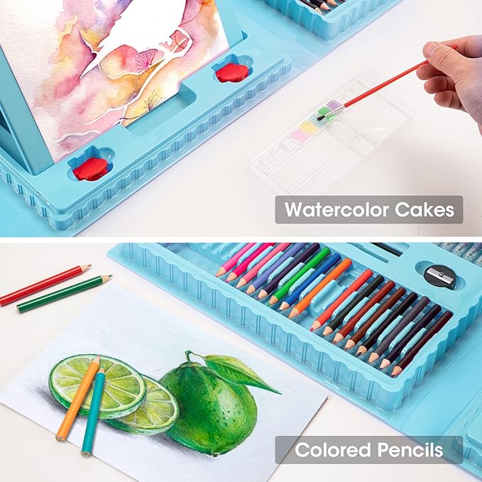 VigorFun Art Supplies, 240-Piece Drawing Art Kit, Gifts Art Set Case with Double Sided Trifold Easel, Includes Sketch Pads, Oil Pastels, Crayons, Colored Pencils, Watercolor Cakes, Stickers (Cyan)