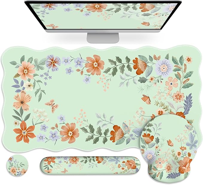 Desk Pad Mat Green, Wrist Rest Support for Mouse Pad&Keyboard Set, Scalloped Vanity mat Protector for Makeup, Cute Floral Nail Mat, Aesthetic Desk Protector for Women's Office Home, Dorm