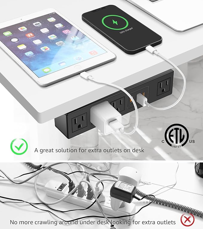 Under Desk Power Strip with 3M Adhesive, Removable Under Desktop Mount Plug with 30W Fast Charging USB C and USB A Ports, 4 Outlet Under Table Surge Protector 1200J, 10FT Extension Cord. (Black)