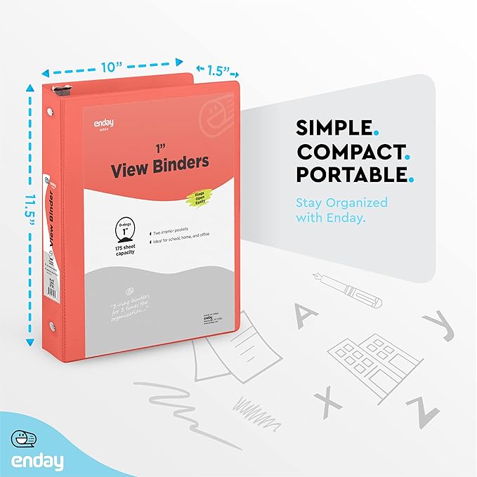 1 Inch 3 Ring Binder 1” Binder Red Clear View Cover with 2 Inside Pockets, Colored School Supplies Office and Home Binders – by Enday