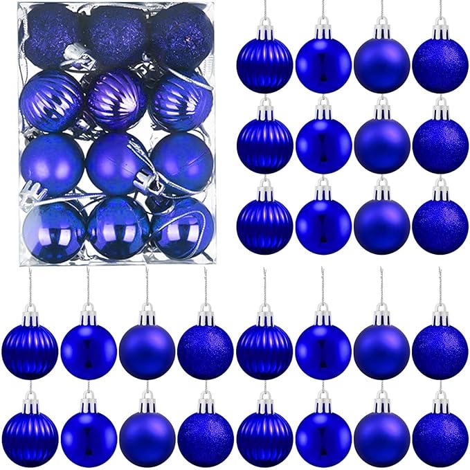 Set of 24 Small Blue Christmas Ornaments Balls for Christmas Tree, 1.2 inch Mini Blue Ornaments for Mini Tree, Tiny Plastic Shatterproof Hanging Bulbs Xmas Valentine Party Indoor Outdoor Decorations