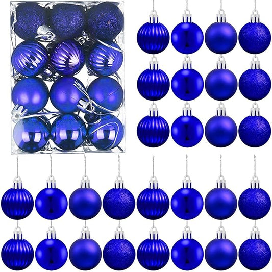Set of 24 Small Blue Christmas Ornaments Balls for Christmas Tree, 1.2 inch Mini Blue Ornaments for Mini Tree, Tiny Plastic Shatterproof Hanging Bulbs Xmas Valentine Party Indoor Outdoor Decorations
