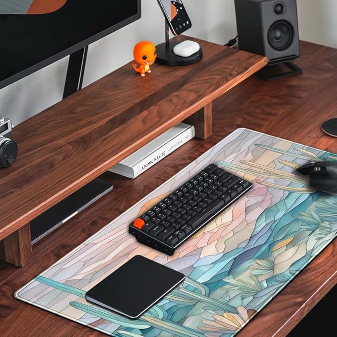 Desk Mat Gaming Abstract Ocean Desk Pad Large Mouse and Keyboard Pad, Faux Stained Glass Sun & Waves Mouse Mat XXL Desk Protector, Computer Mats for Desktop Sun & Waves Office Decor 31.5" X 15.7"