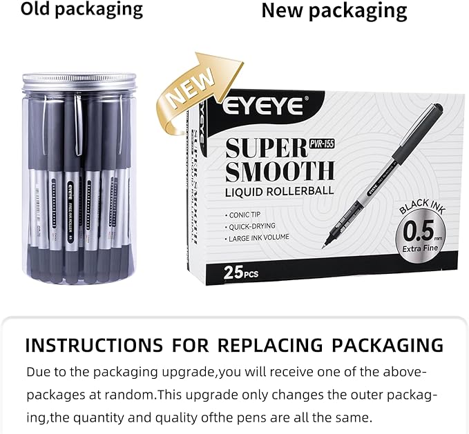 EYEYE 0.5mm Black Rollerball Pens 25 Pack, Extra Fine Point Roller Ball Pen Quick Dry, Liquid Ink Pens Fine Point Smooth Writing Pen for Journaling, Note Taking, Office, School Supplies