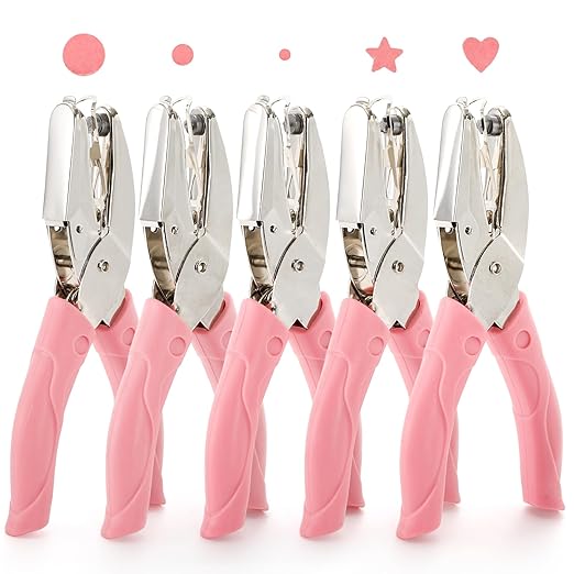 Jucoan 5 Pack Single Hole Punch Metal Handheld Small Hole Puncher with Soft Grip, Star Heart Circle Shape Paper Puncher for DIY Craft Tags Greeting Cards Scrapbook, 1/4, 1/8, 1/16 Inch Hole Punch