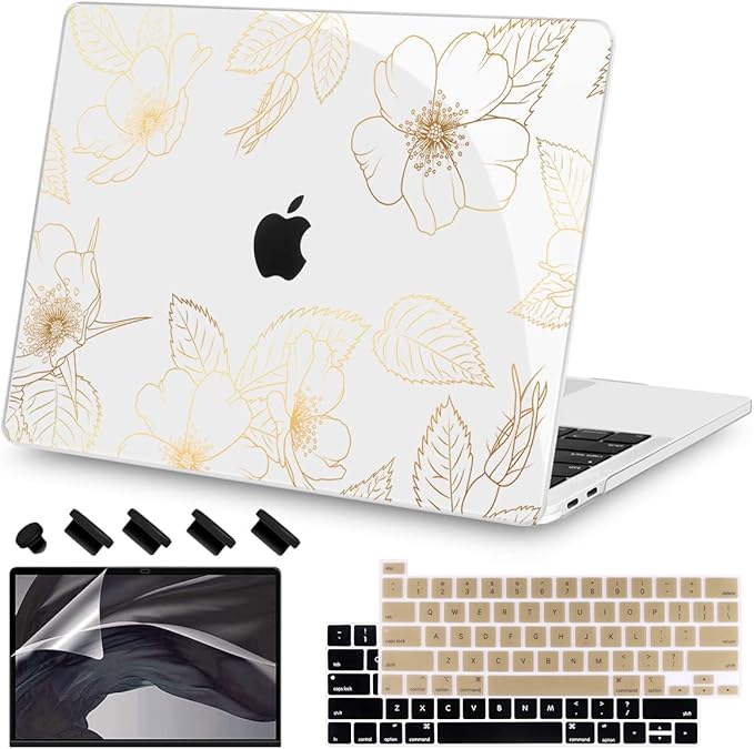 Teryeefi for 2022 2020 MacBook Pro 13 inch Case M2/M1 Chip (Model A2338 A2289 A2251 with Touch Bar), Plastic Hard Shell Case & Keyboard Cover & Screen Protector, Gold Floral Leaf