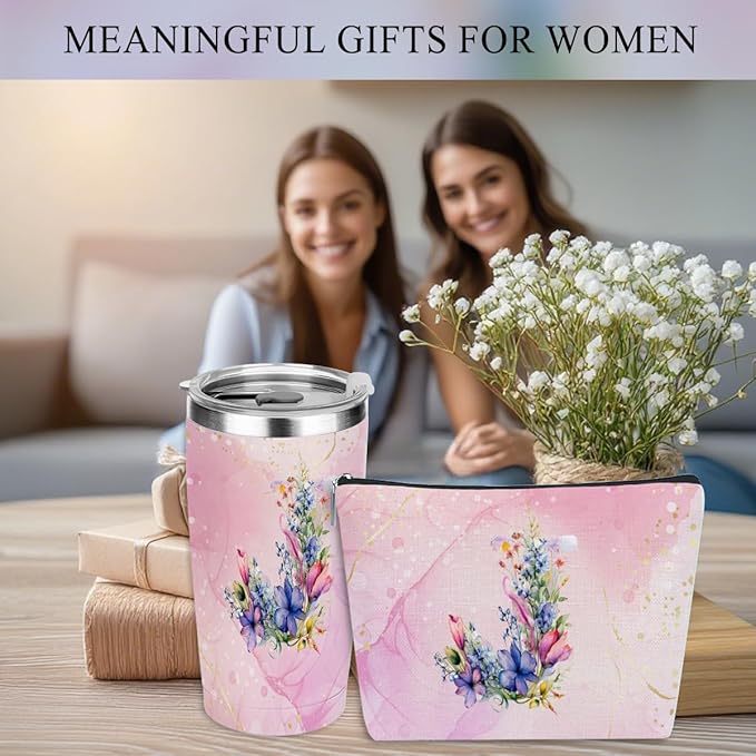 Personalized Gifts Monogrammed Birthday Gifts for Women, Maid of Honor Bachelorette Wedding Christmas Initial 20 oz Tumbler, Makeup Bag Cup Pens Journal Notebook 6 Set, (Aesthetic Pink Flower J)