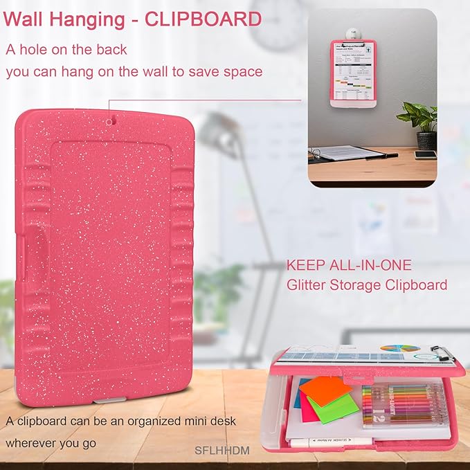 Glitter Clipboard with Storage,Storage Clipboard with Pen Holder,A4 Binder Clip Boards 8.5x11 with Low Profile Clip,Side Opening Sparkle Clipboards,Clipboards Folder for Office Supplies-Rose Red
