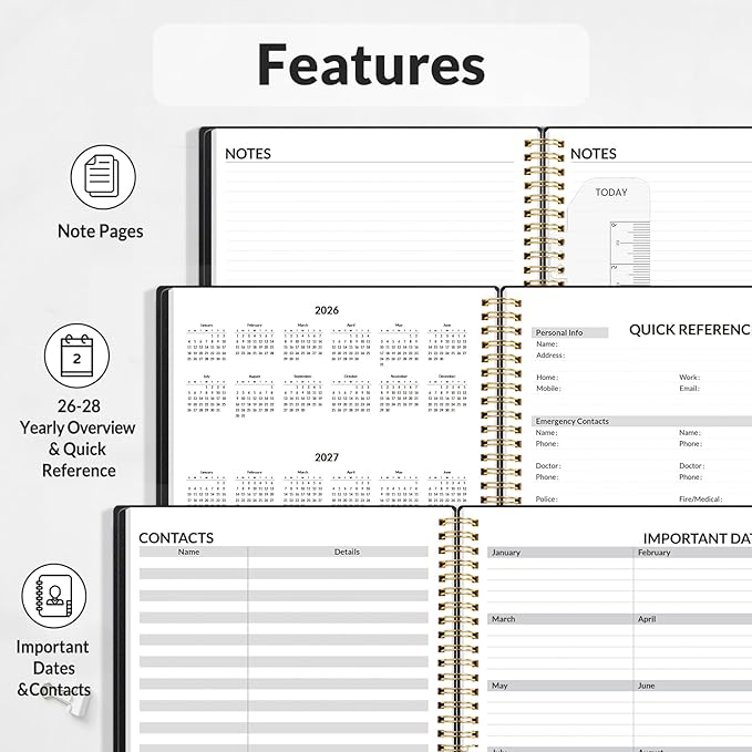 SUNEE 2026 Planner - Weekly and Monthly Calendar Planner from January 2026 - December 2026, 6.4" x 8.3" Daily Agenda with Monthly Tab, Flexible Cover, Note Pages, Pockets, Bookmark, Spiral Binding, Black