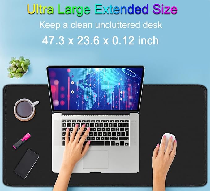 Large Extended Gaming Mouse Pad with Stitched Edges, 47.3 X 23.6 in Desk Pad Durable Non-Slip Natural Rubber Base, Waterproof Computer Keyboard Mat for Esports Pros, Gamer, Desktop, Black