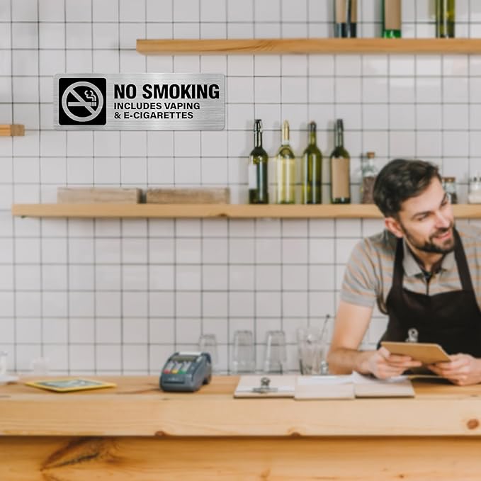 No Smoking No Vaping E-Cigarettes Sign Aluminum Silver 9 x 3 Inches Self-Adhesive Waterproof Metal Door Wall Sign for Business Houses 4 Pack