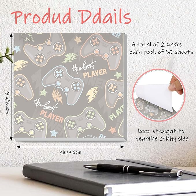 Sticky Notes 3x3 Inches, 2 Pads Cute Colorful Self-Stick Note Pads, Easy to Post for Home, Office and Daily Life Organization Cute Black Games