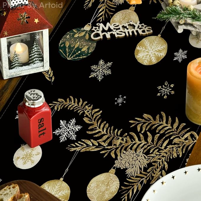 Artoid Mode Black Pine Trees Snowflake Merry Christmas Table Runner, Winter Holiday Kitchen Dining Table Decoration for Home Party Decor 13x72 Inch
