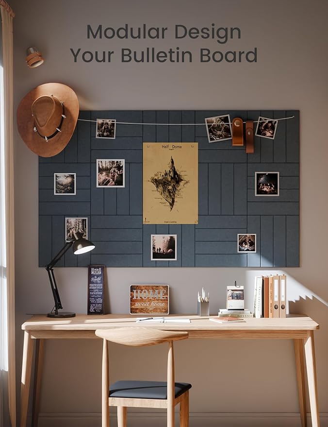 Felt Bulletin Board Tiles Large 36" x 24" Cork Board Alternative-6 Pack with 40 Adhesive Tabs, Slat Wall Panels for Office Decor, Push Pin Board Wall Organizer - Deep Charcoal Blue