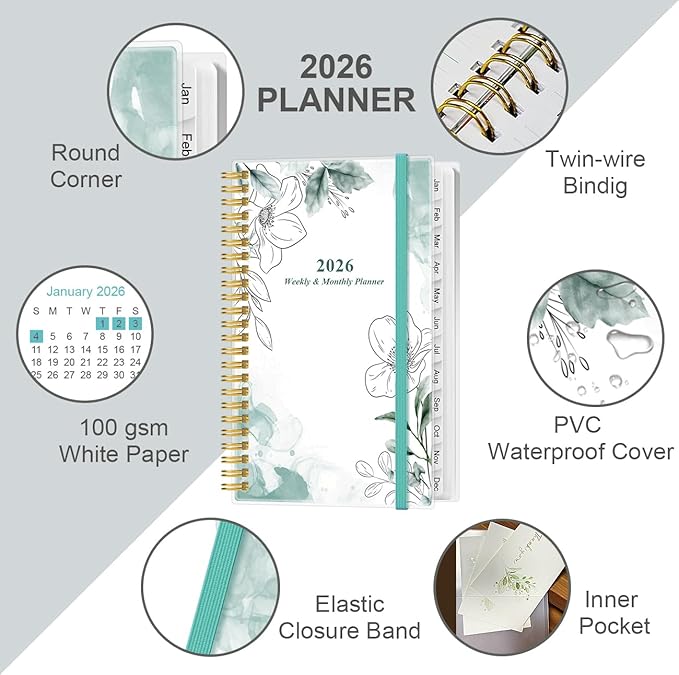 2026 Pocket Planner/Calendar - 2026 Planner from January 2026 - December 2026, Planner 2026 with 12 Tabs, Twin-Wire Binding, Inner Pocket, 3.75" x 6.75, Teal Flowers