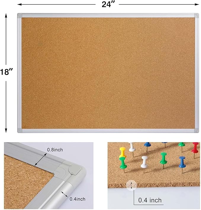 Board2by 2-Pack Cork Board Bulletin Board 24 x 18, Silver Aluminium Framed Corkboard, Office Board for Wall Cork, Large Wall Mounted Notice Pin Board for Home, Office and School