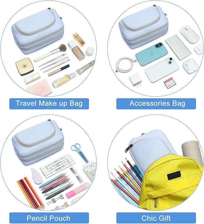 XQXA Pencil Pouch Large Capacity Pencil Case Organizer, Multifunctional Pencil Pouch with 3 Compartmens, Big Pencil Bag for Office Travel Men Women Adult (01-Haze Blue)