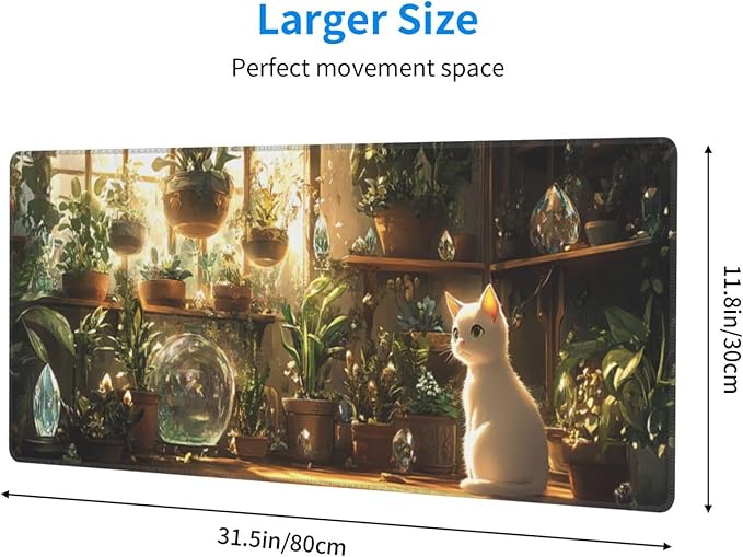 Cat Plant Mouse Pad 31.5 X 11.8 Inch Big Desk Rubber Base Stitched Edges Keyboard Pad XXL Mouse Mat for Home Game and Office