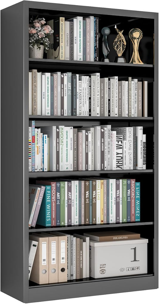 5 Tier Metal Bookshelf, 66" Tall Bookcase, Adjustable Book Shelves, Modern Black Book Shelf Storage Shelves for Bedroom, Living Room, Office, Library, Classroom, School