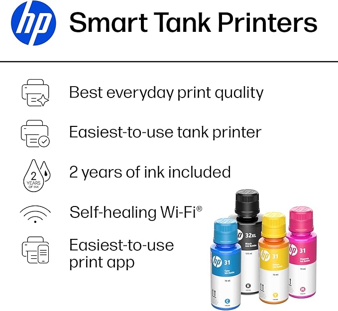 HP Smart Tank 7001 Wireless All-in-One Ink Tank Printer, Scanner, Copier with 2 years of ink included, Best-for-home office, Cartridge-free Refillable, AI-enabled (28B49A)