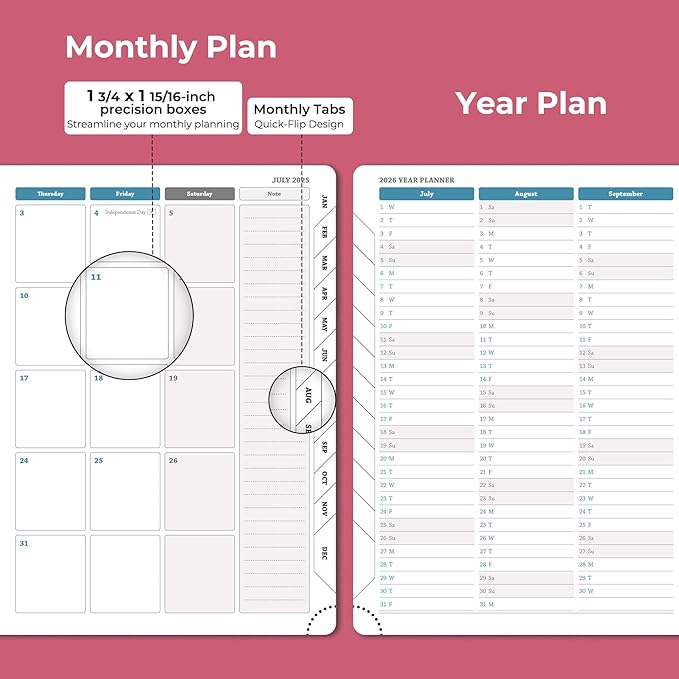 Planner 2025-2026 Daily Weekly and Monthly,11.5"x8.5",18 Months Spiral Bound Calendar Agenda with Self-adhesive Pen Holder,2026 Academic Plan with Vegan Leather Soft Cover,Rose Red