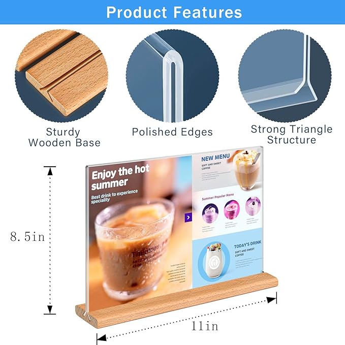 Kersally Acrylic Sign Holder 11 x 8.5'', 3 Pack Double-Sided Clear Table Display Stands with Wood Base,Horizontal Acrylic Frame Menu Flyer Paper Holder for Store, Restaurant, Hotel, Office, Show Fair