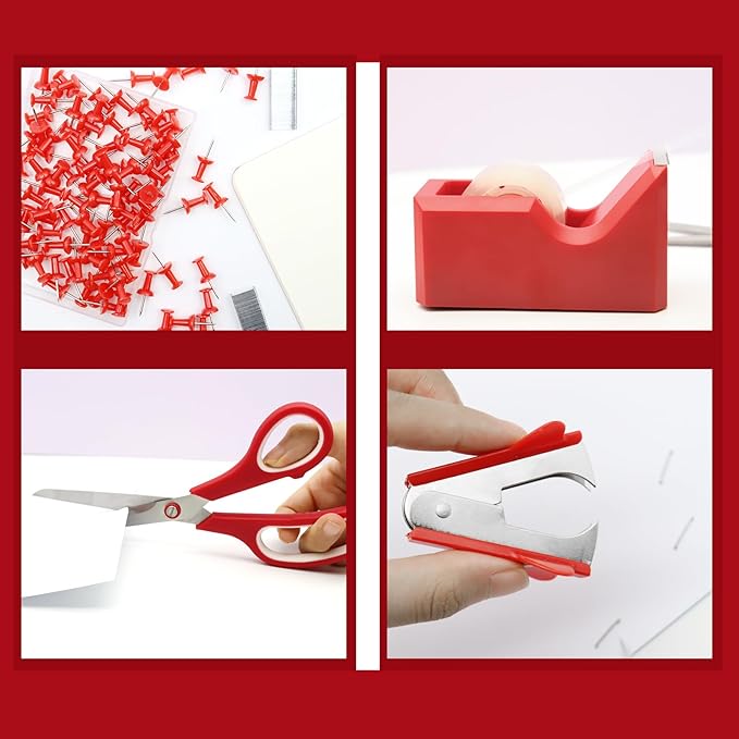 Red Office Supplies,UPIHO Red Desk Accessories,Stapler and Tape Dispenser Set for Women with Stapler,Tape Dispenser,Staple Remover,Staples,Push Pins,Scissor and Pocket Notebook,Gift for Office Clerks