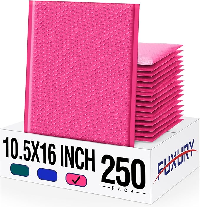 Fuxury Hot Pink Bubble Mailers 10.5x16 Inch 250 Pack, Self Seal Adhesive Waterproof Padded Envelopes, Cushioning Shipping Bags, Padded Mailers for Mailing, Packaging, Small Business Supplies, #5