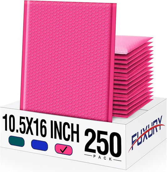 Fuxury Hot Pink Bubble Mailers 10.5x16 Inch 250 Pack, Self Seal Adhesive Waterproof Padded Envelopes, Cushioning Shipping Bags, Padded Mailers for Mailing, Packaging, Small Business Supplies, #5