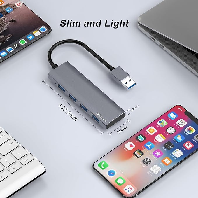 USB Hub, USB 3.0 Hub Aluminum Alloy Ultra Slim USB Splitter, Portable 4 Port USB Extender, USB Hub for Laptop, PC, MacBook, iMac, Surface Pro, Mac Pro, Flash Drive, XPS 【Grey】