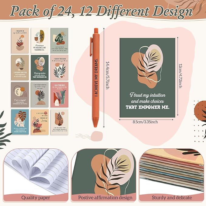 24 Set/48 Pcs Positive Affirmation Gift Set Gratitude Notebooks with Pens Small Bags Motivational Encouragement Notepads Daily Affirmations Journal for Women Stress Relief Self Care (Plant)