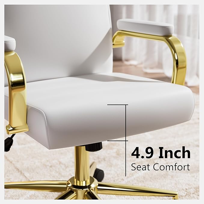 White and Gold Office Chair Memory Foam, White Leather Computer Desk Chairs with Wheels and Arms, High Back Executive Office Chair for Girl and Women
