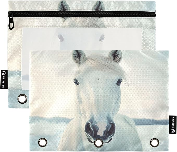 White Horse Looking Pencil Pouch for 3 Ring Binder, 2 Pack Waterproof Pencil Bags Clear Window Zipper School Office Supplies