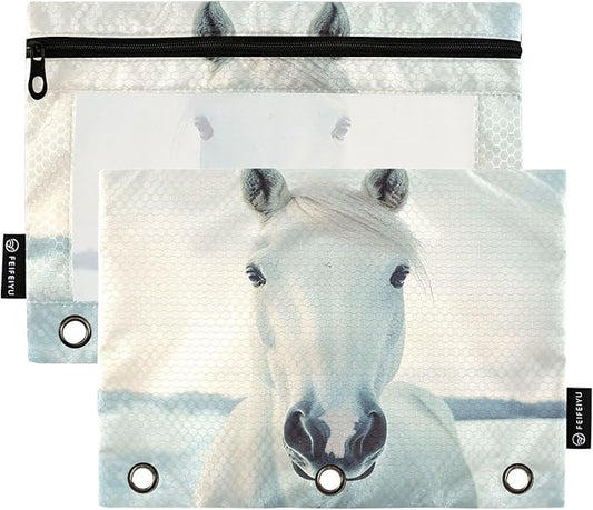 White Horse Looking Pencil Pouch for 3 Ring Binder, 2 Pack Waterproof Pencil Bags Clear Window Zipper School Office Supplies