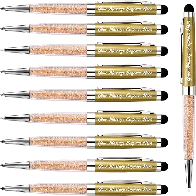 Ancolo Personalized ball Pens with Crystal Stylus Tip - Smooth Writing Set - Engraved with Your Name/Slogan/Address - Gift for Teacher/Manager/Lawyer/Professor 10 PCS/Box (Gold)