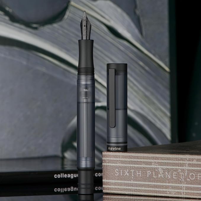 Asvine V200 Titanium Fountain Pen Vacuum Filling, Matte Black Extra Fine Nib Clear Demonstrator Acrylic with Pen Case and Wrench