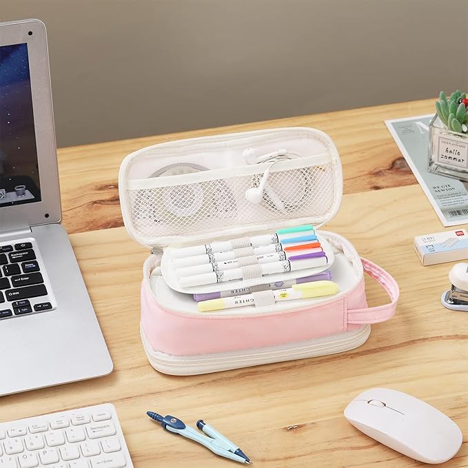 Dugio Big Pencil Case for Girls Teens Kids Zipper Pencil Pouch with Handle Organizer Pencil Bag Aesthetic Pencil Box for School Pink